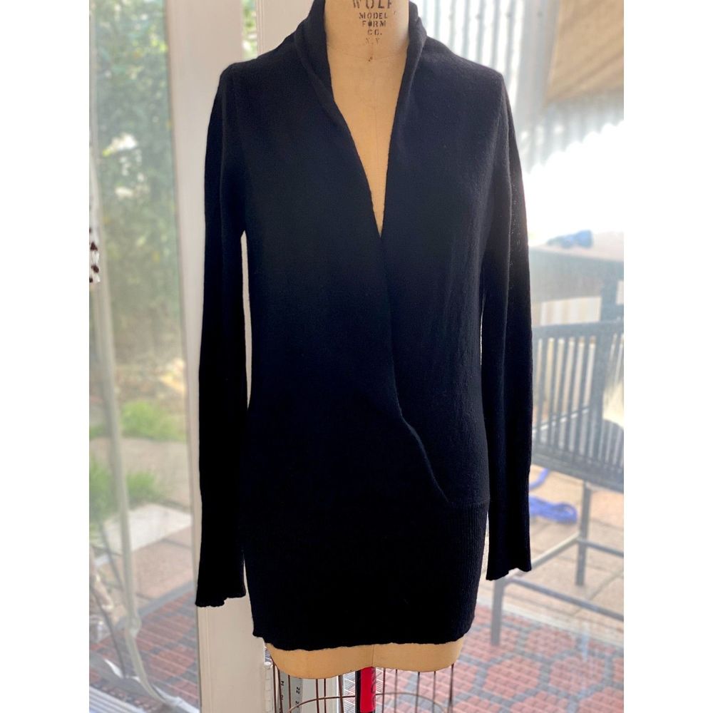 Aqua Black 100% Cashmere Wrap Front Shawl Collar Long Sleeve Sweater Size S